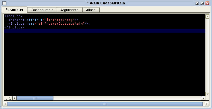 Parameter-Reiter des vorgebauten Codebaustein-Formulars; wie man sieht ist es auch möglich
