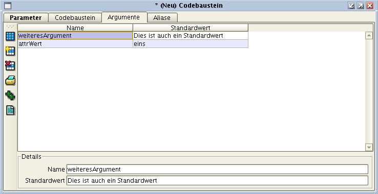 Argumente-Reiter desvorgebauten Codebaustein-Formulars.